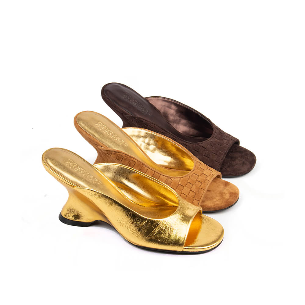 All-gold metallic mule heels sculpted curved wedge leather women