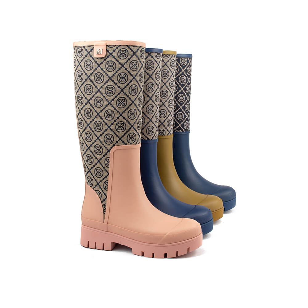 Howard Shawn blush pink jacquard knee-high rain boots gold logo women