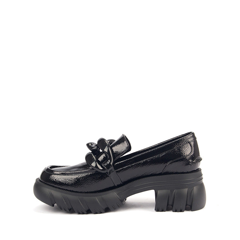 Black Patterned Leather Loafers with Big Buckle