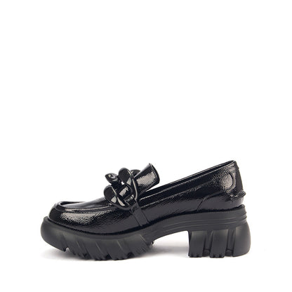 Black Patterned Leather Loafers with Big Buckle