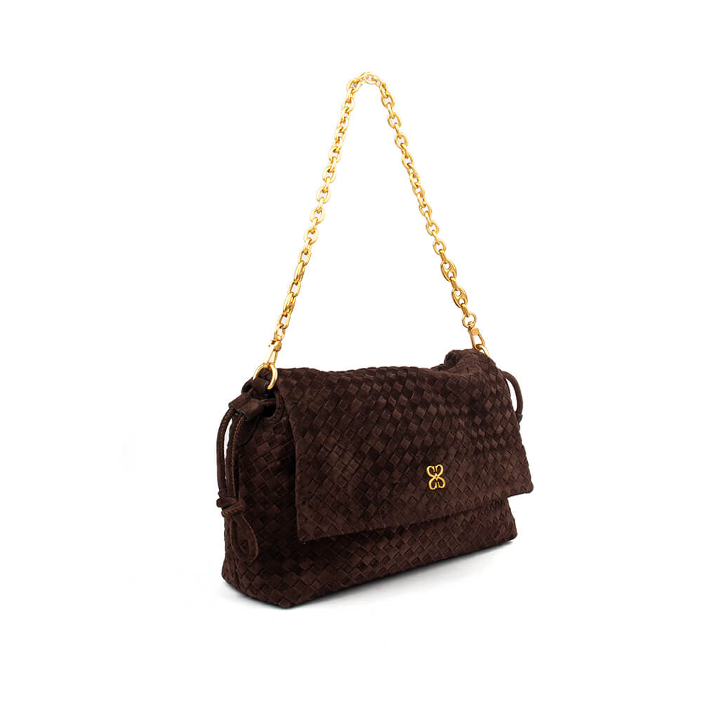 Intrecciato woven suede flap bag chocolate brown gold chain handle