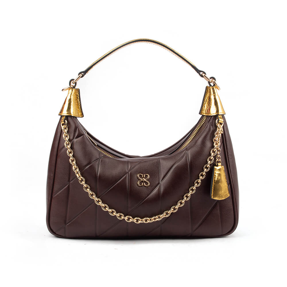 Quilted leather hobo bag in dark brown with gold chain strap and tassel detail