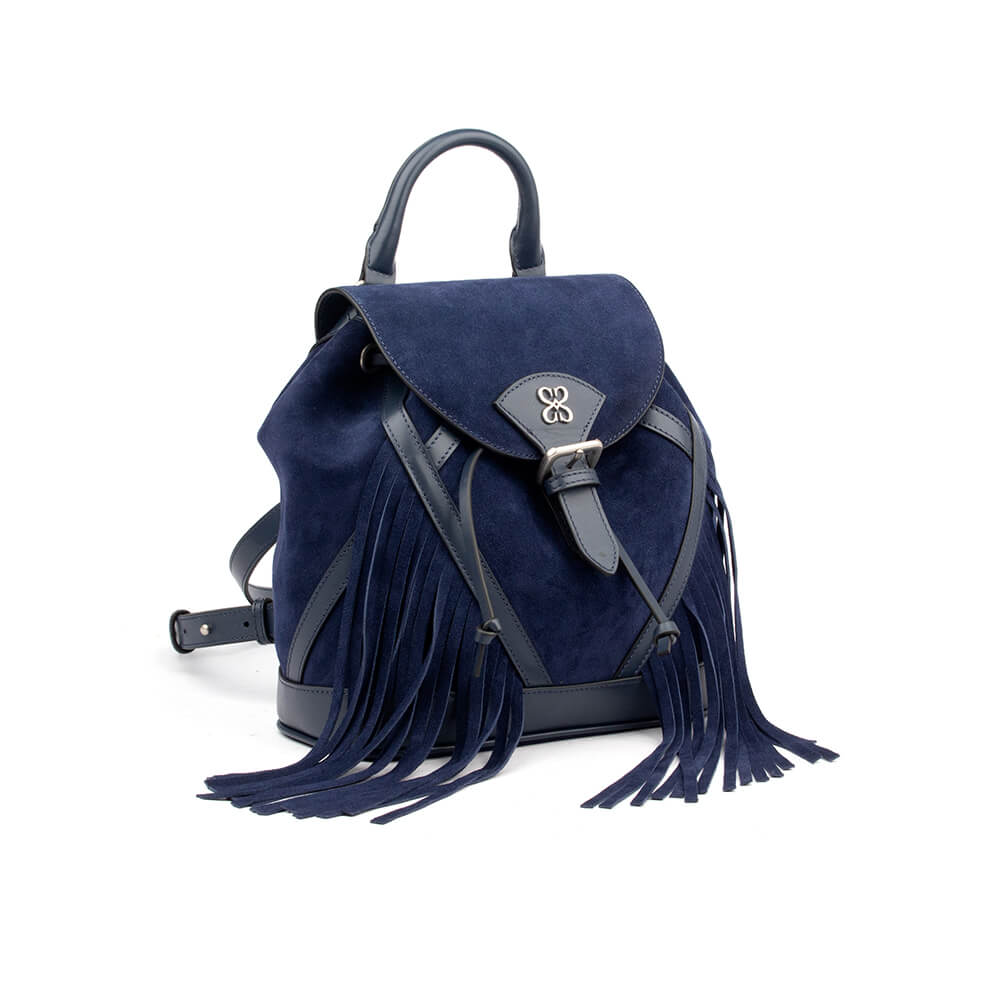 Women's boho fringe backpack in navy blue suede with leather trim