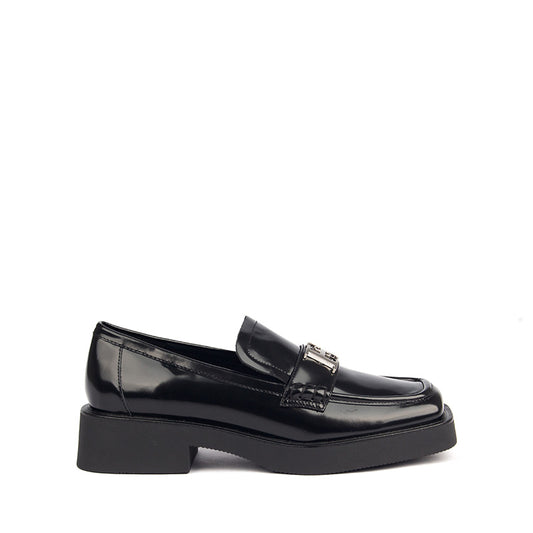 Black Patterned Leather Loafers with HS Hardware