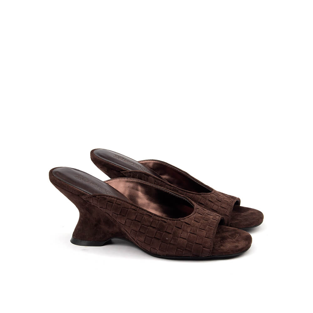 Chocolate brown woven suede mules sculpted curved wedge heel women