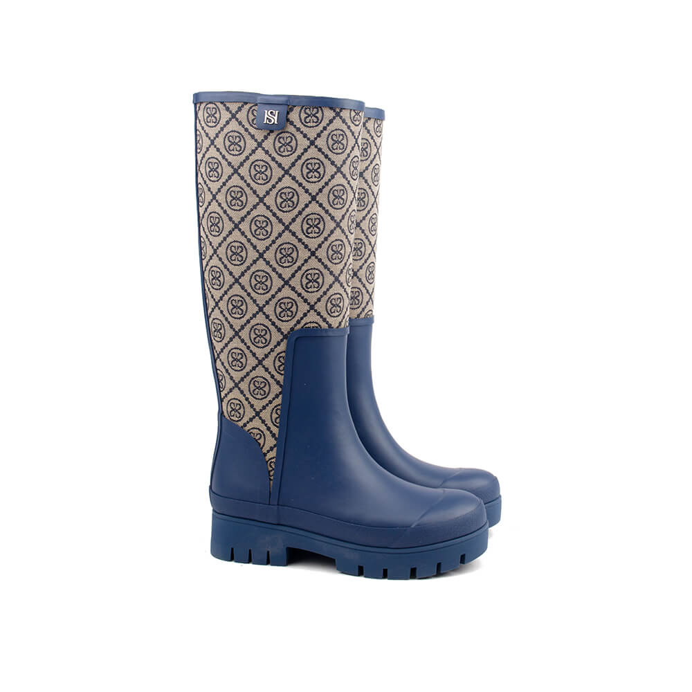 Beige dominant HS monogram jacquard knee-high rain boots navy base women