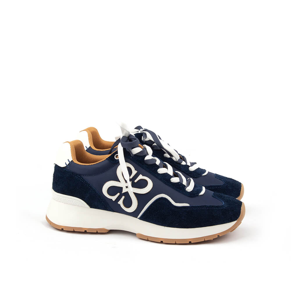 Navy blue suede nylon runner trainers white HS logo appliqué women