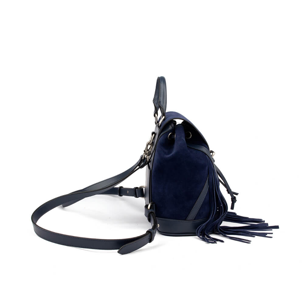 Bohemian navy suede backpack with cascading fringe and silver buckle detail