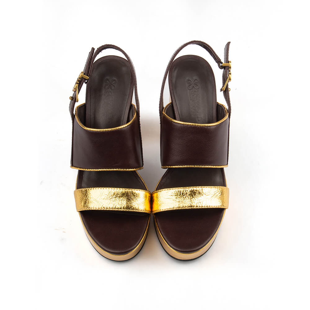 Gold metallic platform block heel sandals chocolate leather straps women