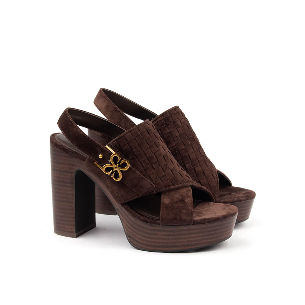 Chocolate brown intrecciato suede cross-strap platform clog heel sandals