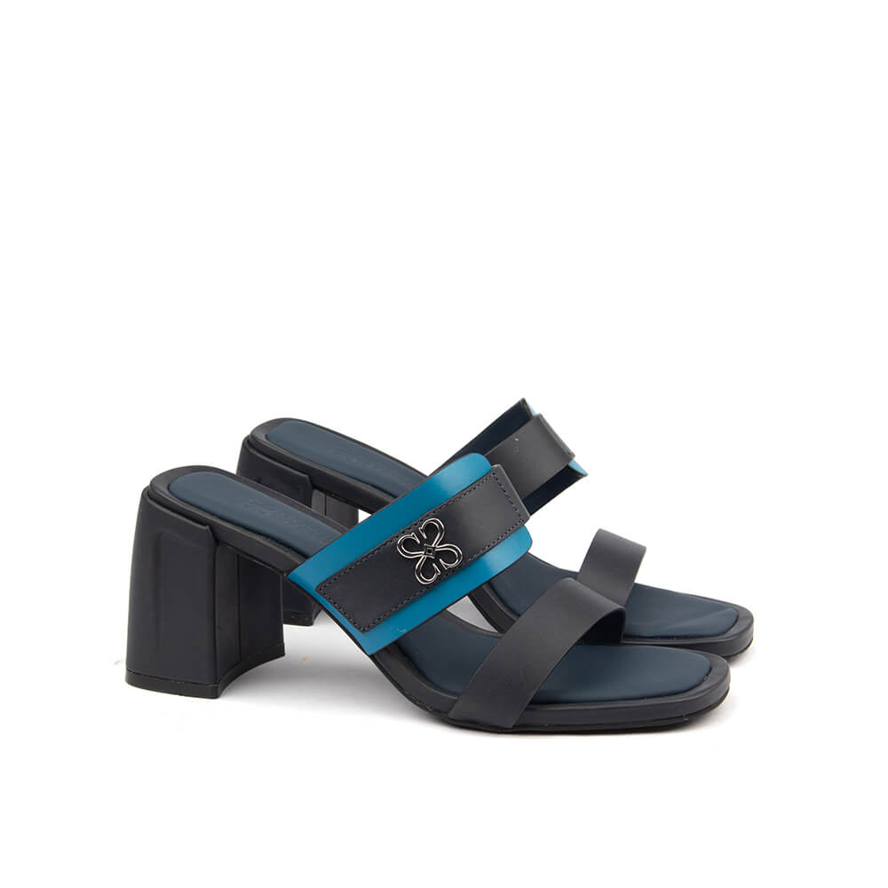 Howard Shawn double strap block heel mule navy teal split women