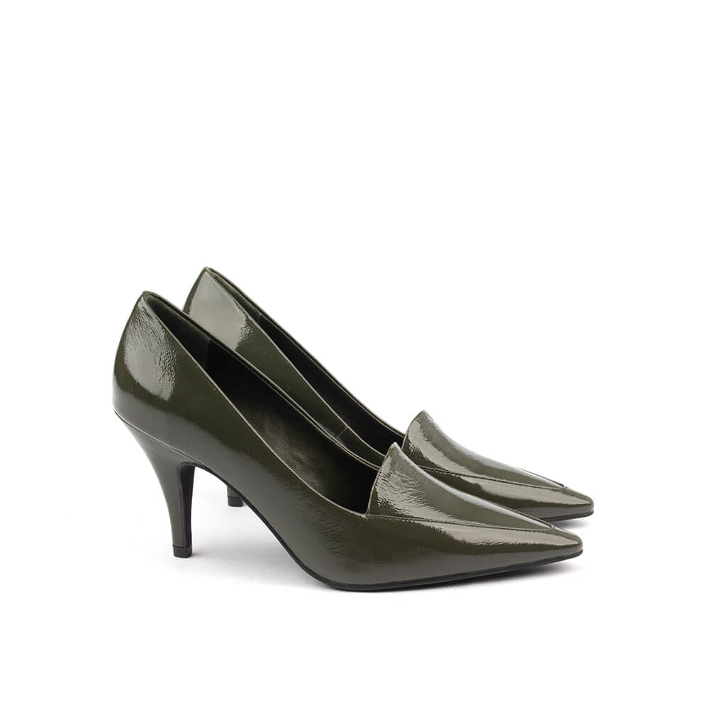 Khaki olive green patent court pumps pointed toe women mid heel