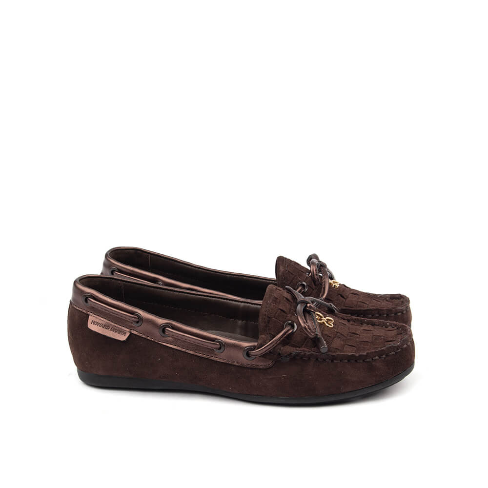 Chocolate brown intrecciato suede moccasin loafers metallic bow women
