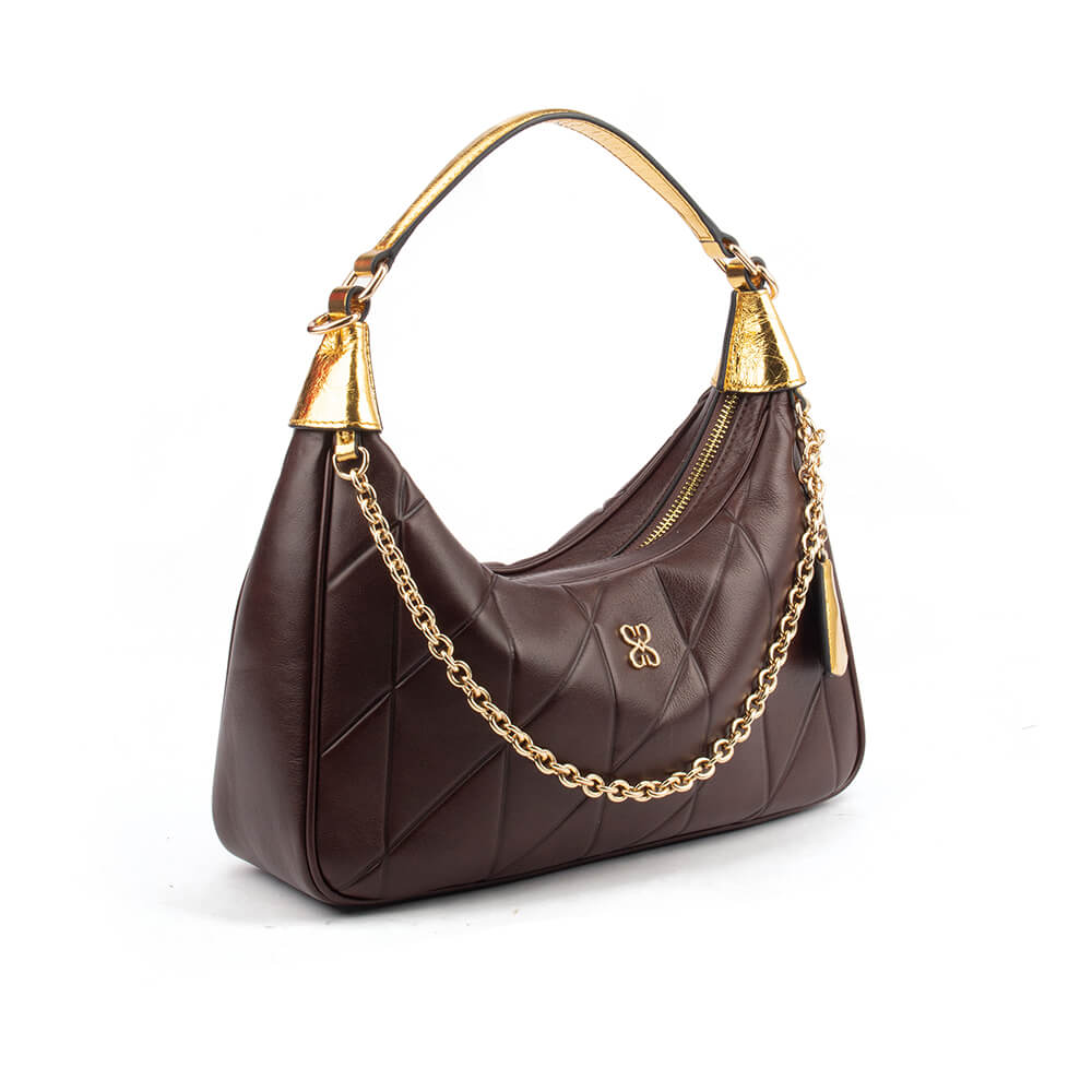 Luxury quilted hobo handbag in chocolate brown with gold hardware and chain