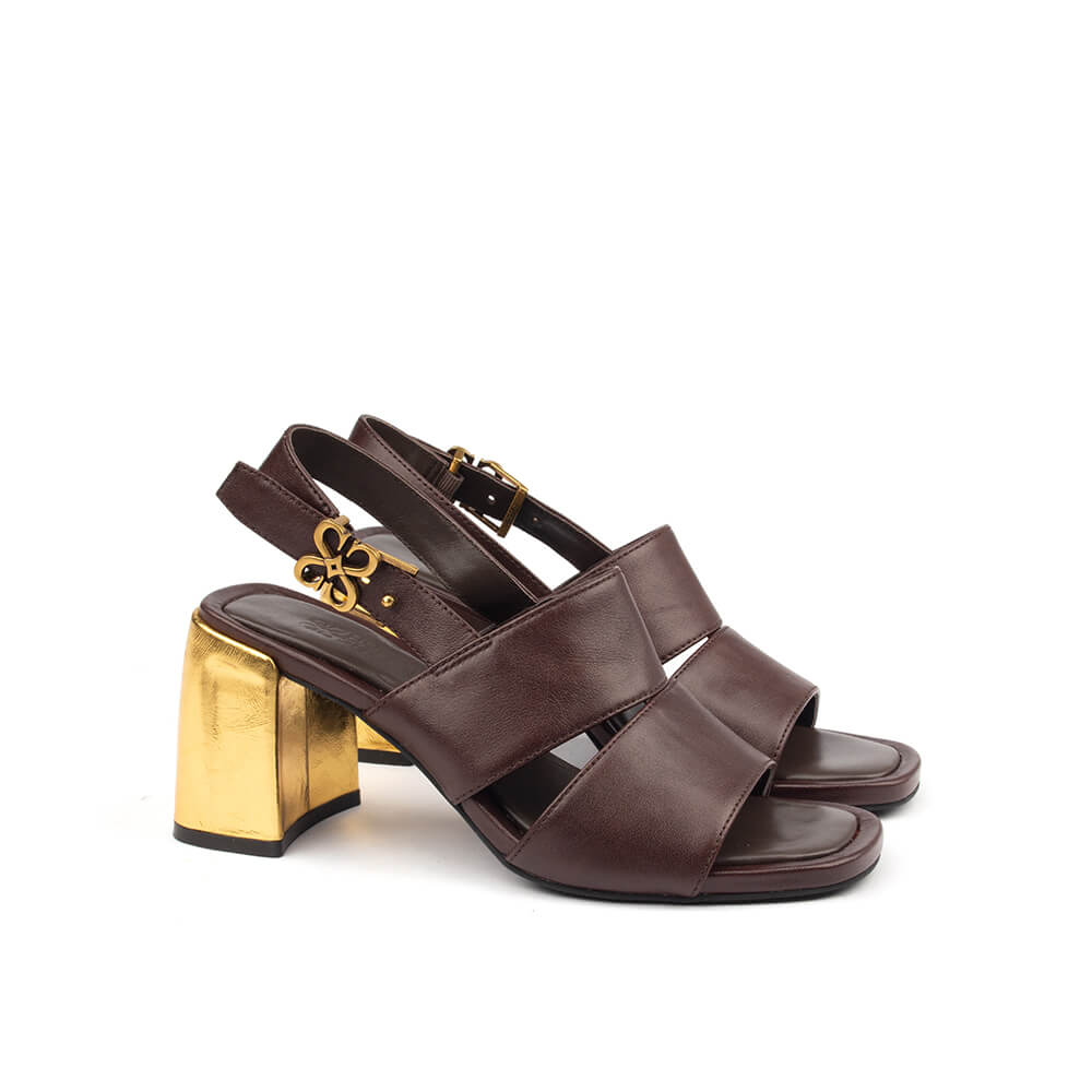 Brown leather cross-strap sandals gold metallic block heel HS logo charm