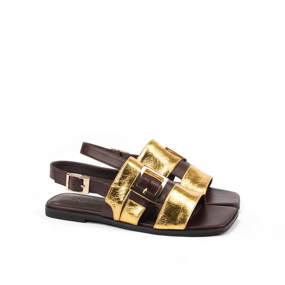 Wide gold metallic leather flat sandals double buckle slingback women