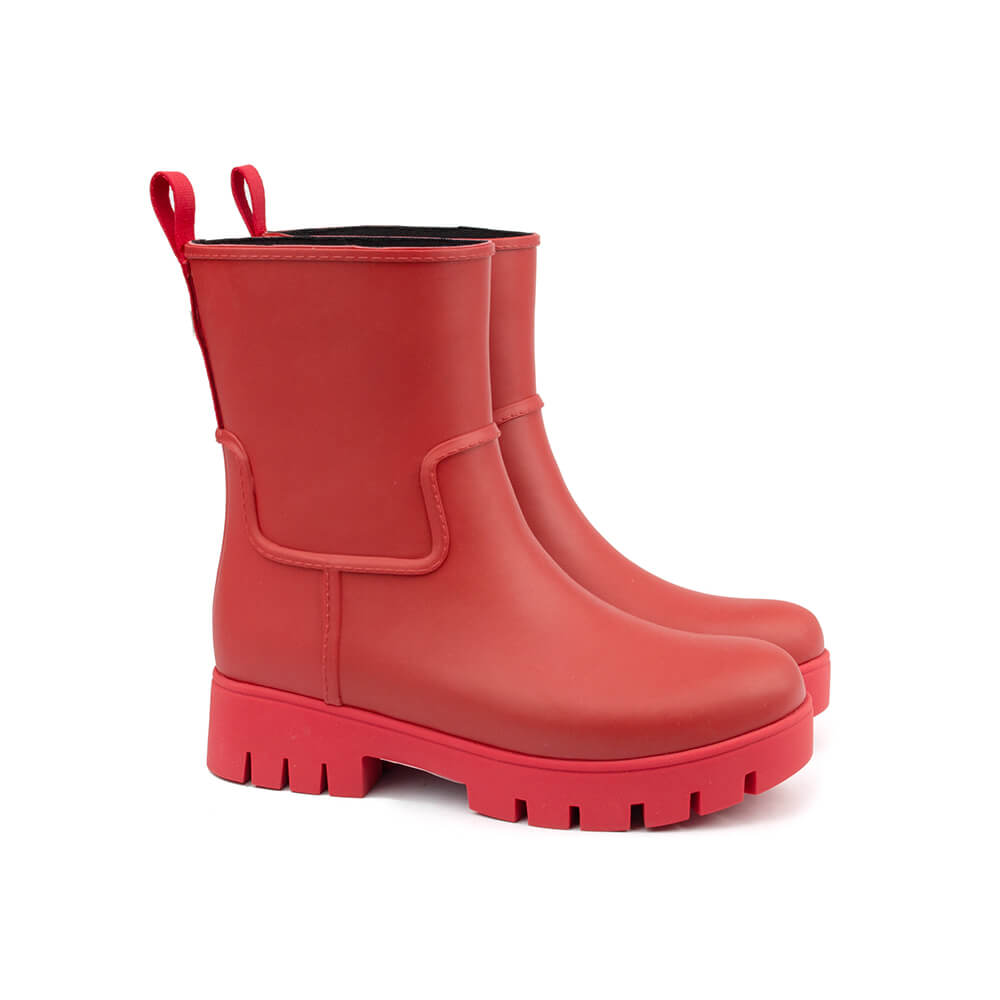 Tonal red matte rubber mid wellington boots lug platform sole women