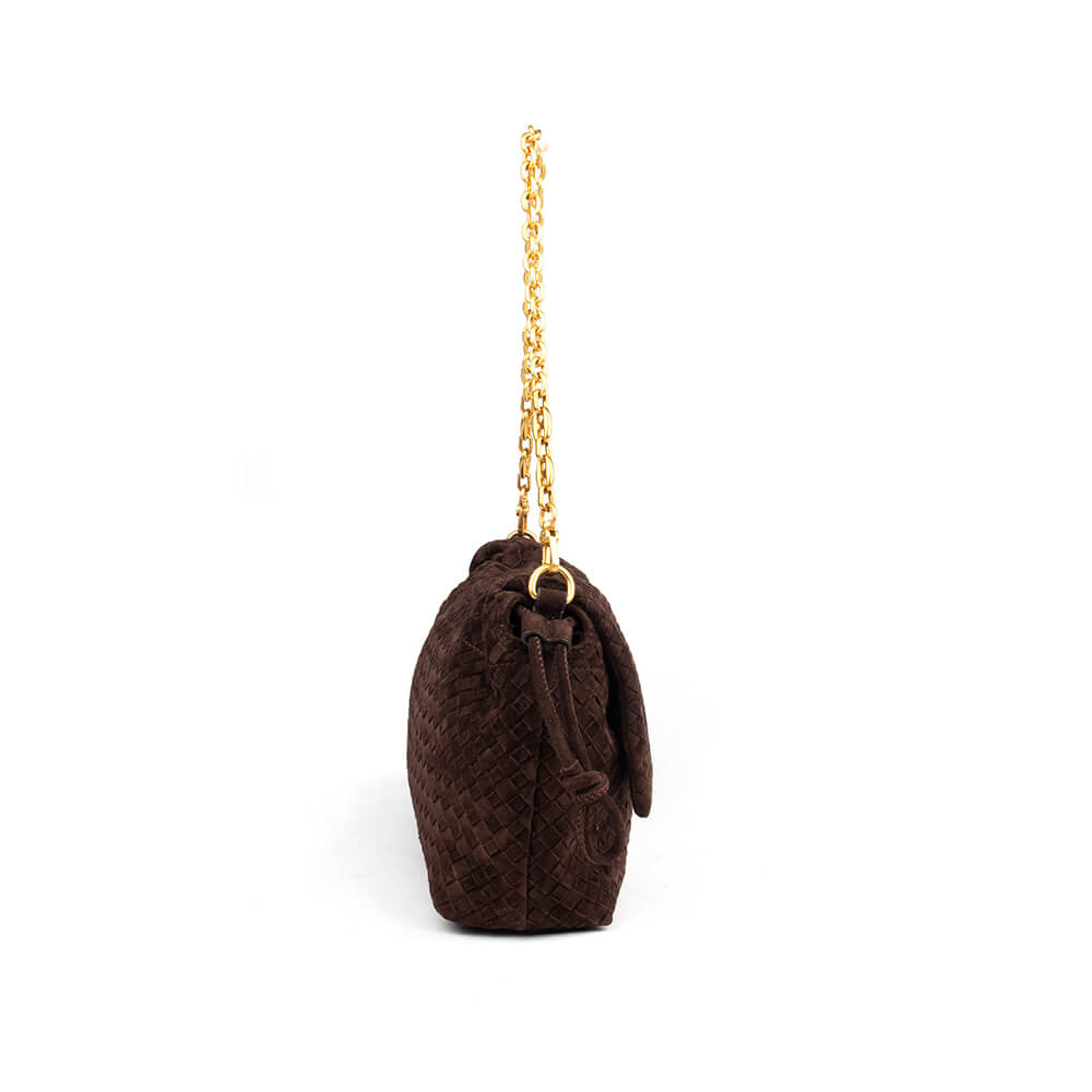 Luxury woven suede chain shoulder bag espresso brown gold hardware