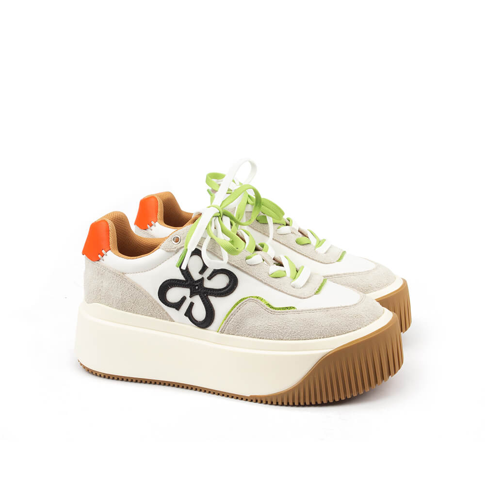 White nylon suede platform trainers lime green laces HS logo women