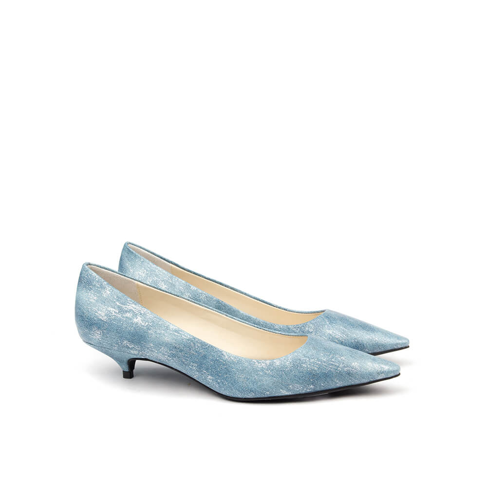 Dusty blue shimmer suede pointed kitten heel pumps women