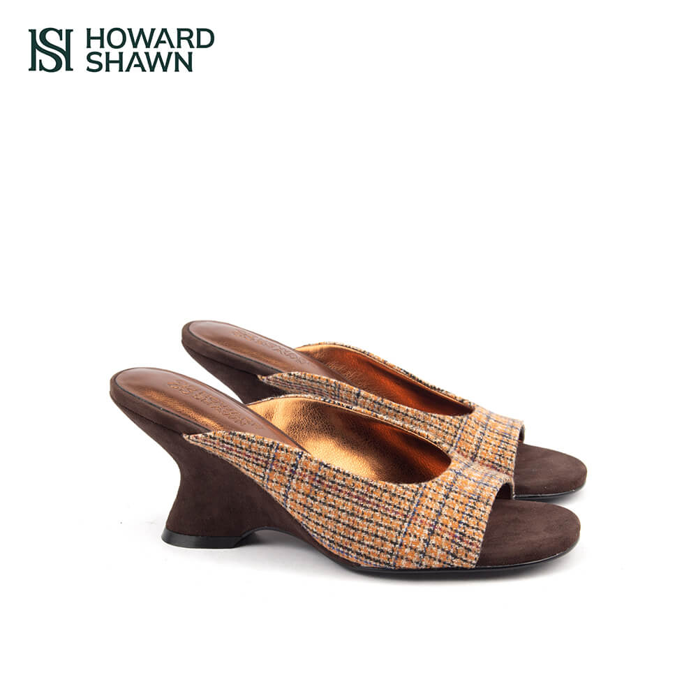 Heritage tweed sculpted wedge mules amber plaid brown suede women
