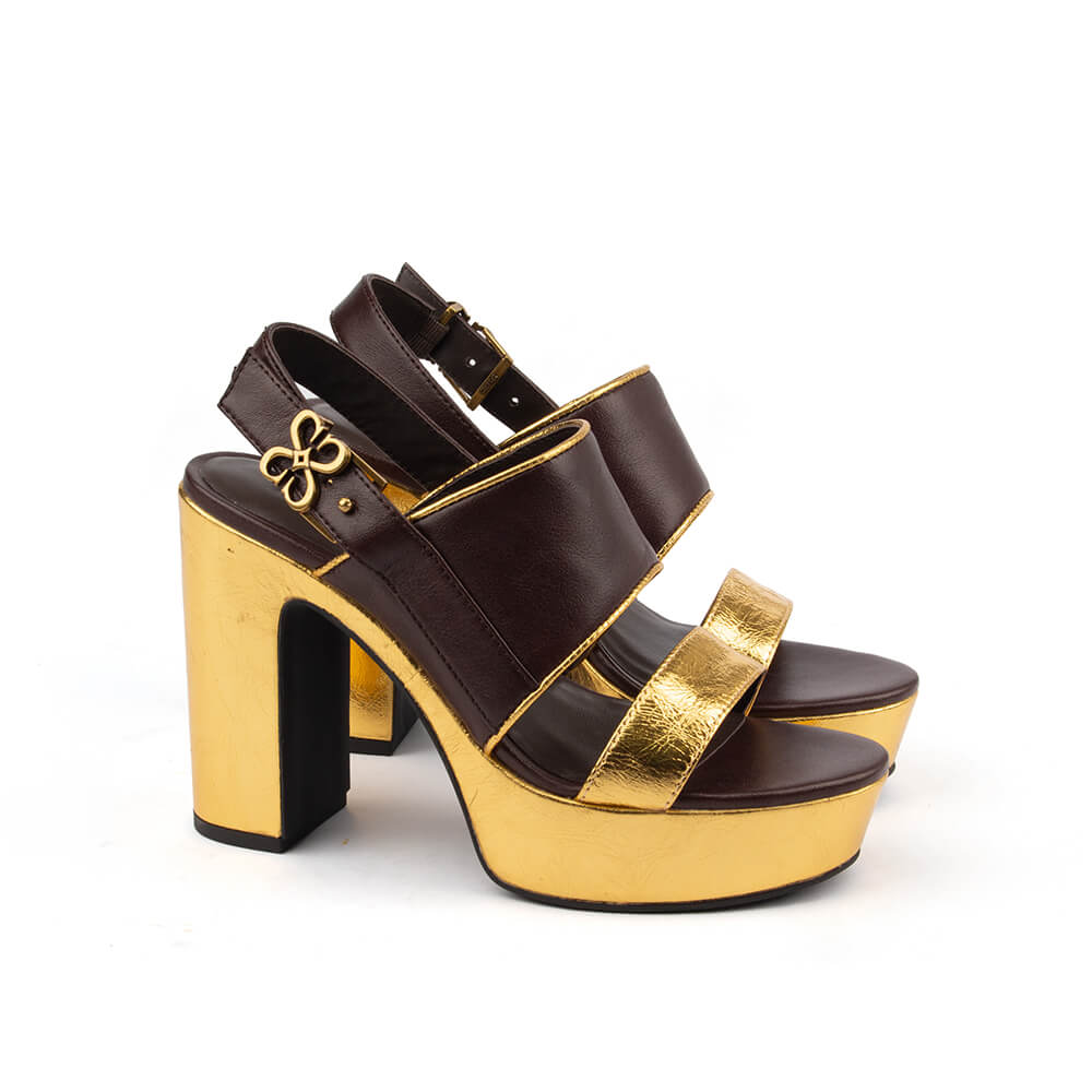Howard Shawn full gold platform sandals brown leather HS logo charm