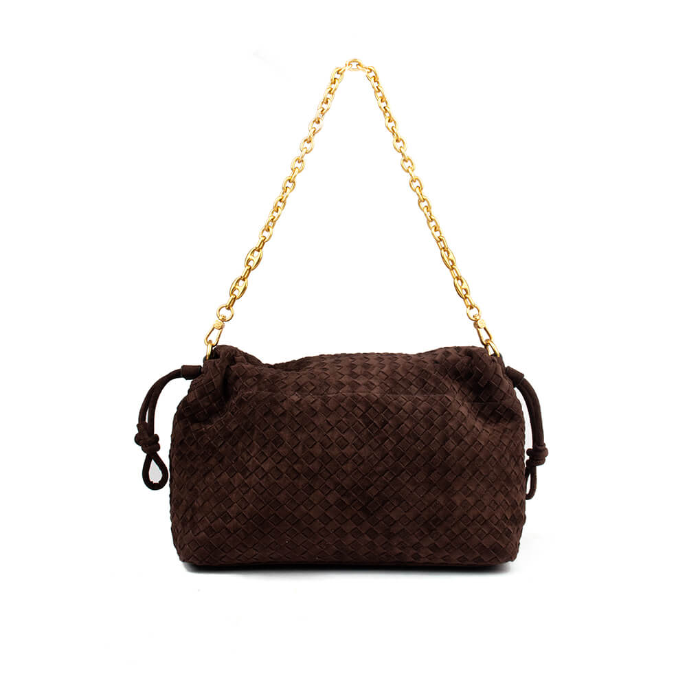 Brown suede intrecciato weave shoulder bag with chunky gold chain