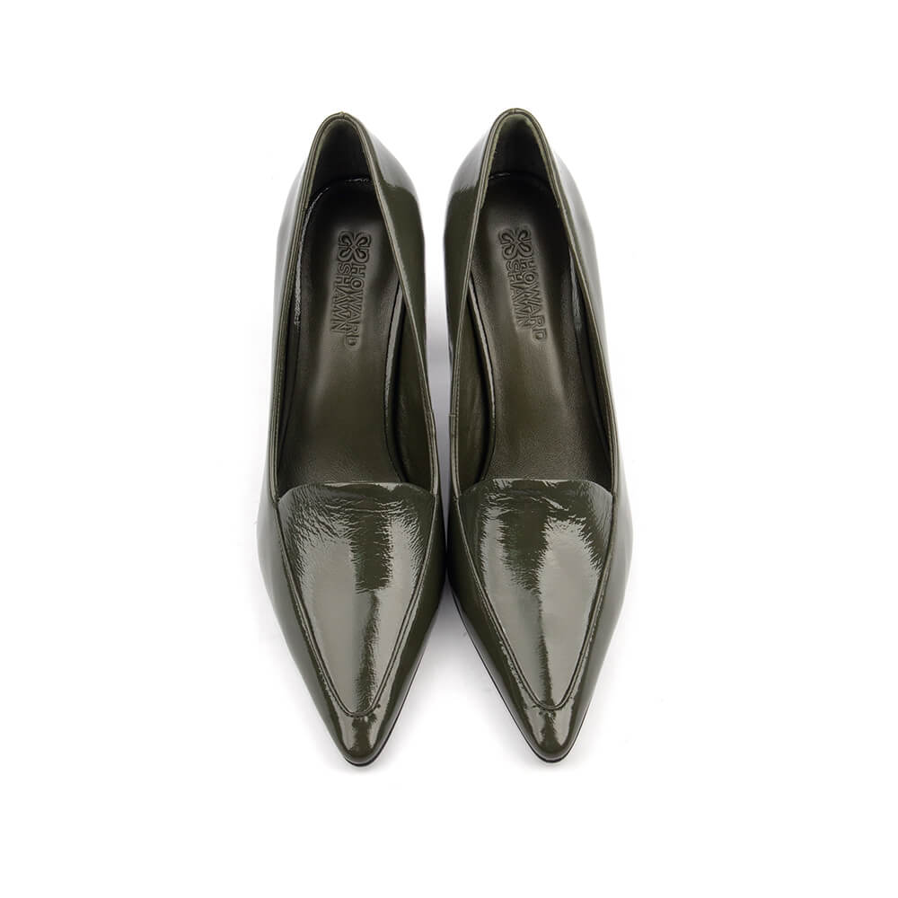 Deep olive crinkled patent leather stiletto court shoes pointed women