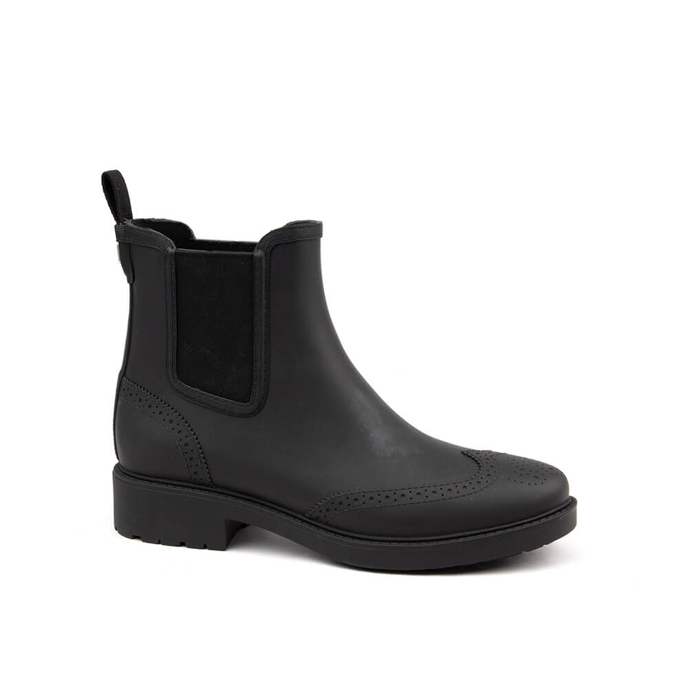 Matte black brogue rain boots Chelsea silhouette elastic gusset women