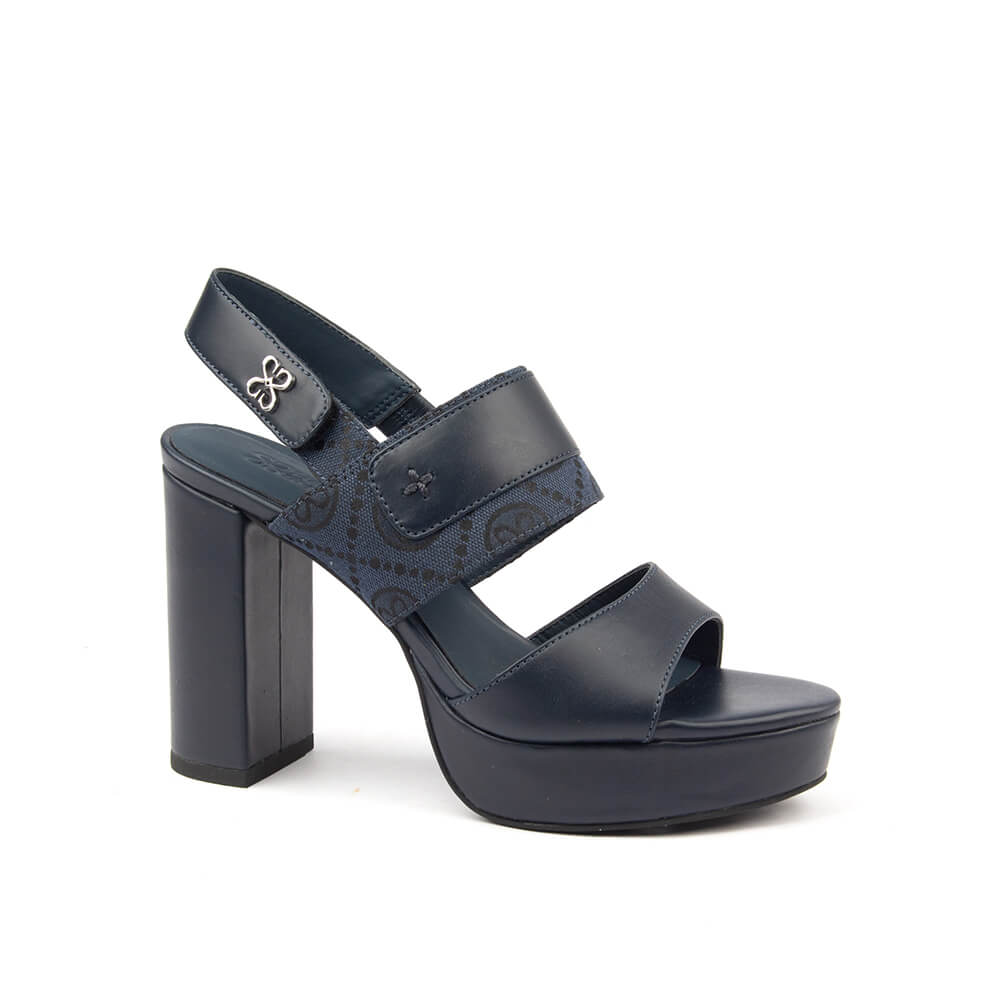 Tonal navy platform block heel sandals double strap velcro slingback