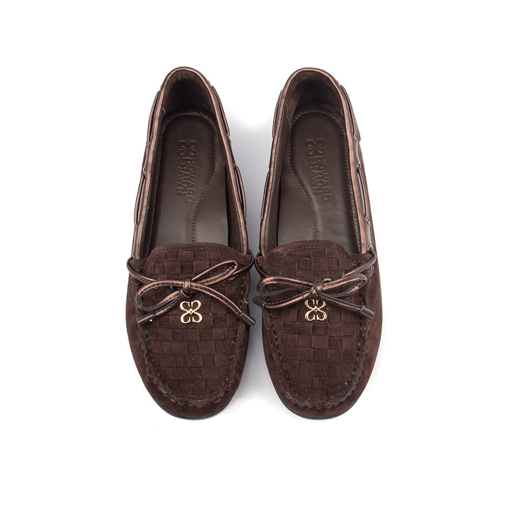 Howard Shawn woven suede boat shoe loafers dark truffle brown women