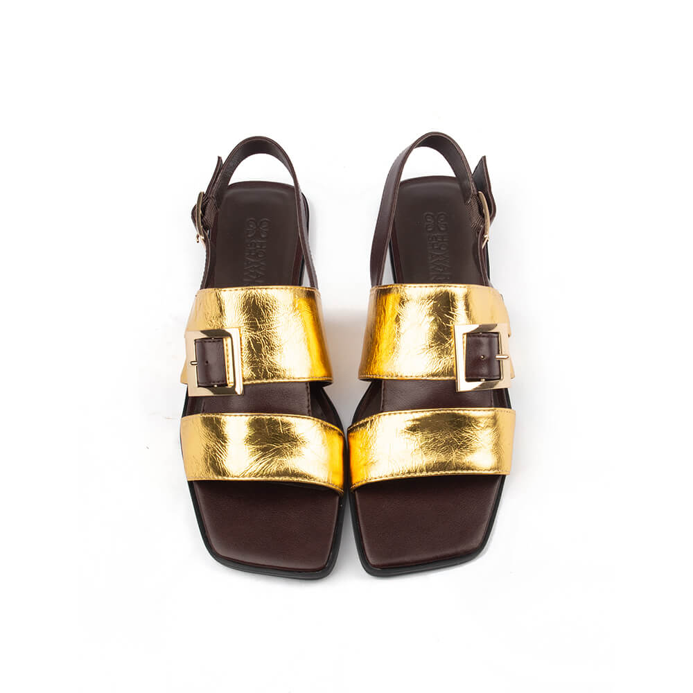 Howard Shawn crinkled gold foil leather flat sandals brown slingback