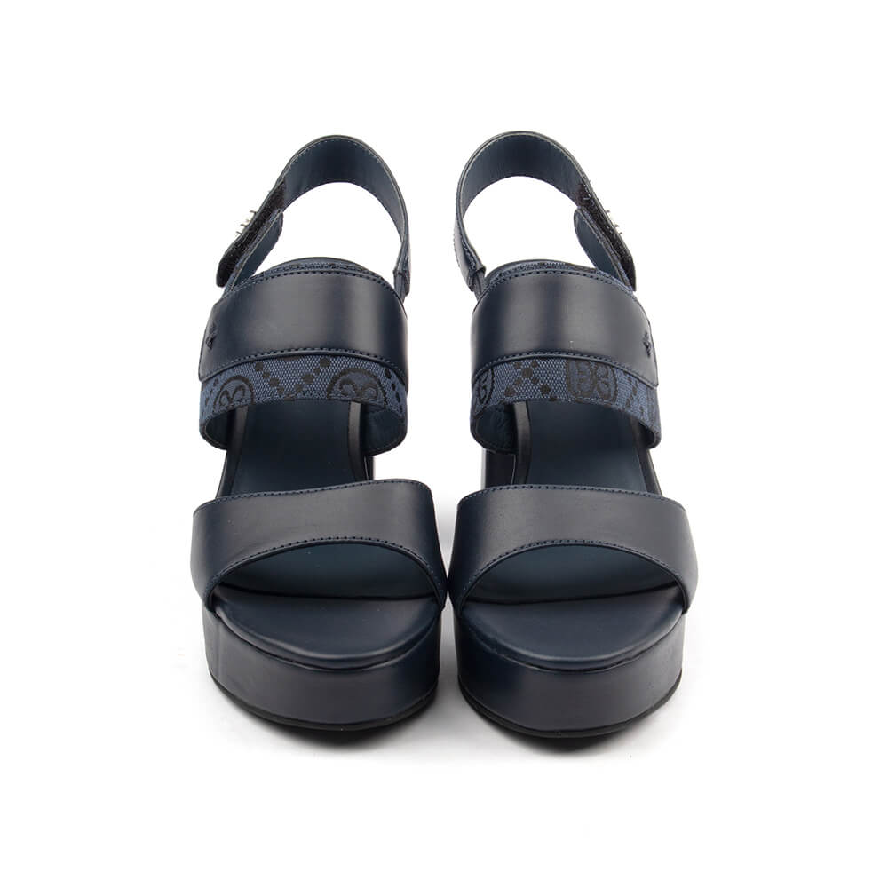 Women's logo monogram platform sandals navy leather block heel