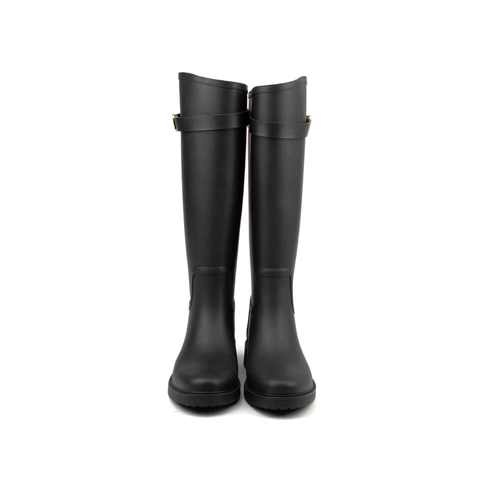 Howard Shawn riding style rain boots matte black gold buckle women