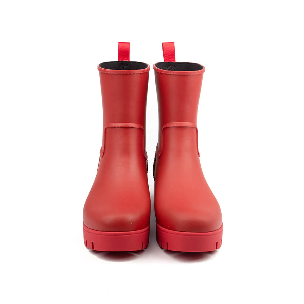 Cherry red mid-calf rain boots chunky lug sole pull tab women