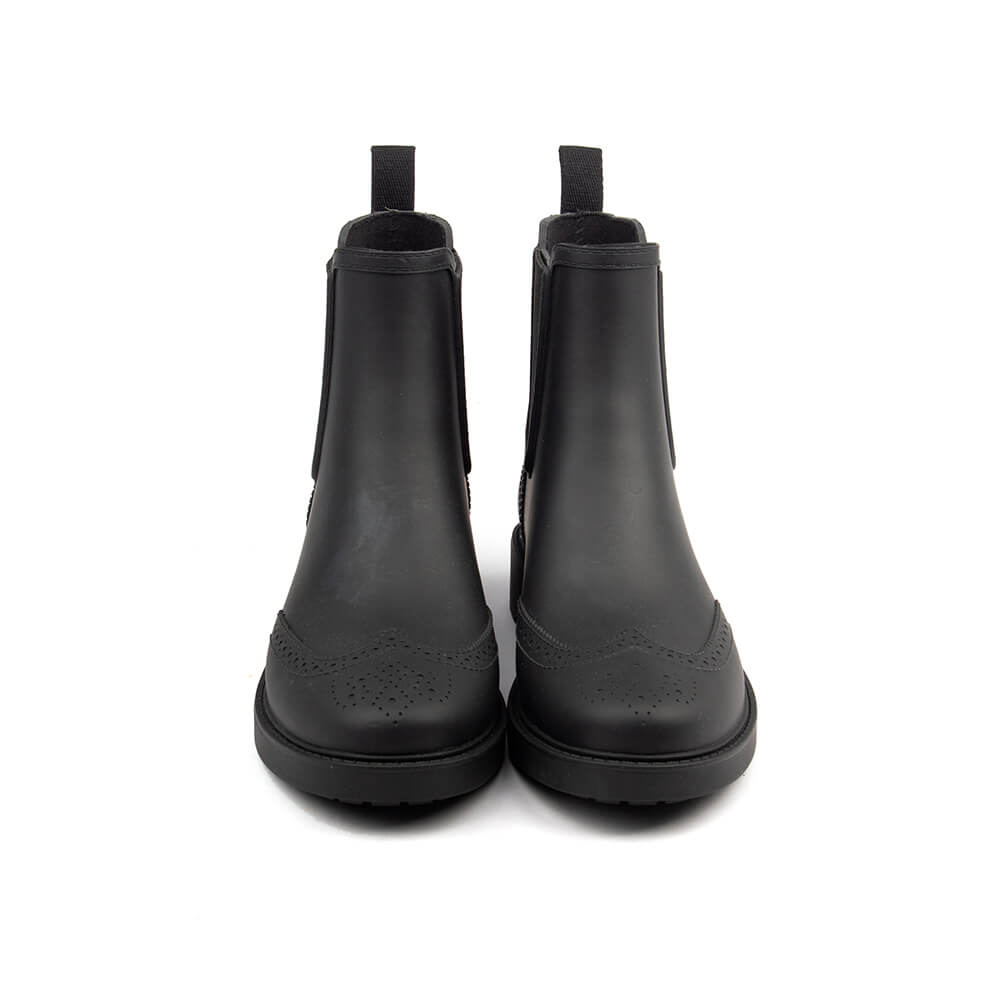Women's waterproof Chelsea boots matte black brogue detail rubber sole