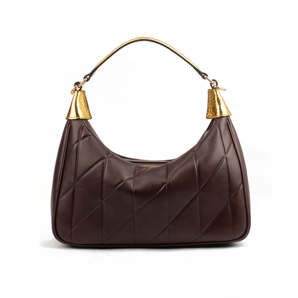 Designer-style quilted hobo bag dark brown with decorative gold chain and tassels