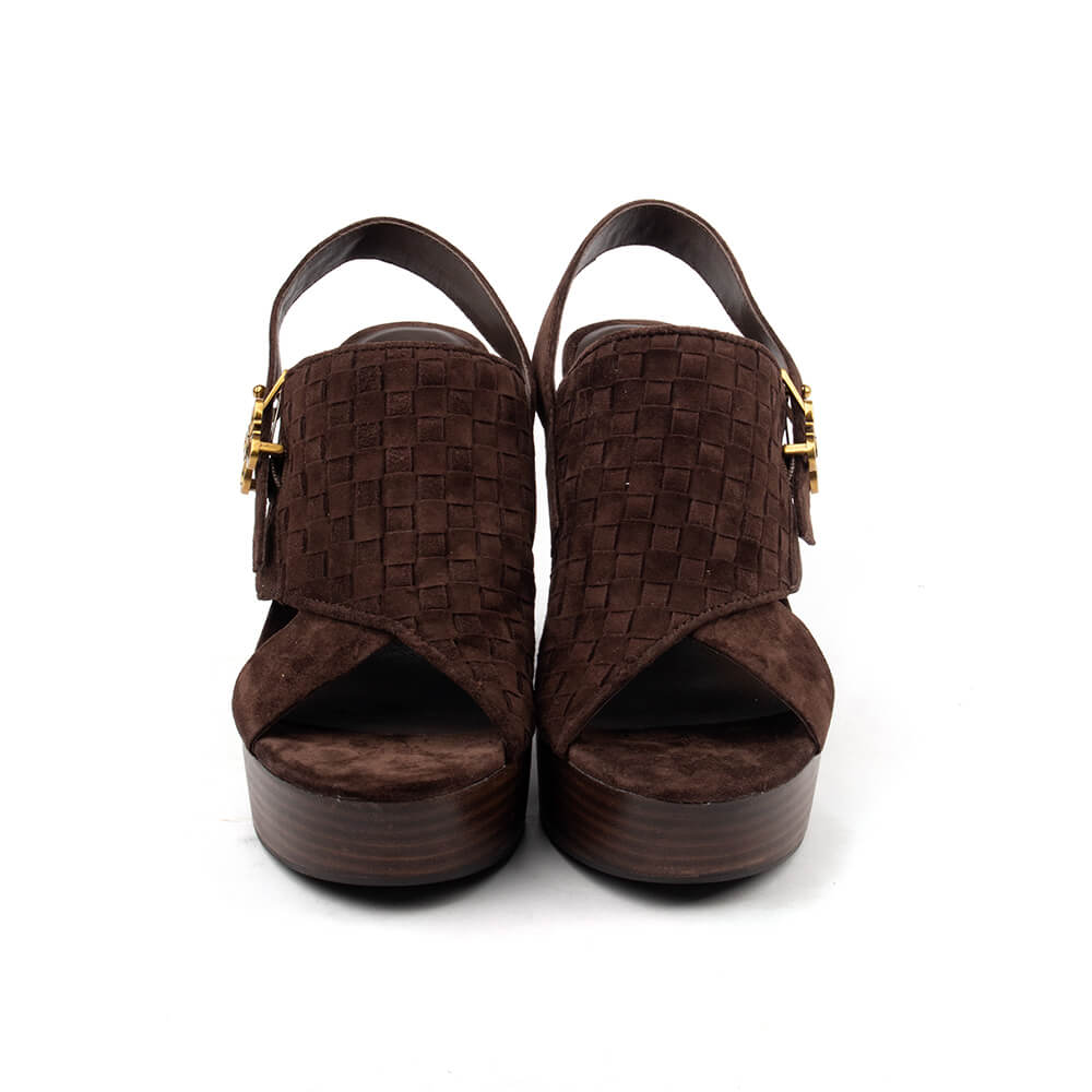 Woven suede block heel sandals dark brown wood platform slingback women