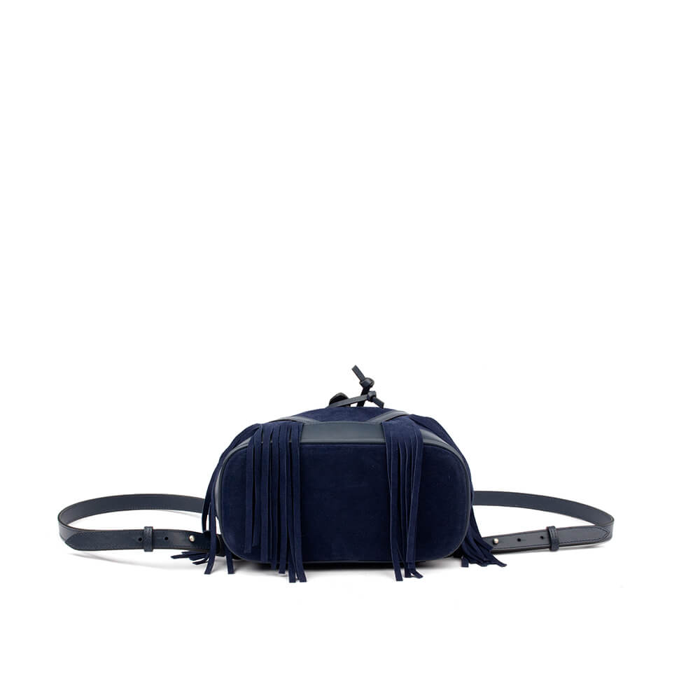 Navy blue suede fringe backpack with top handle and adjustable straps