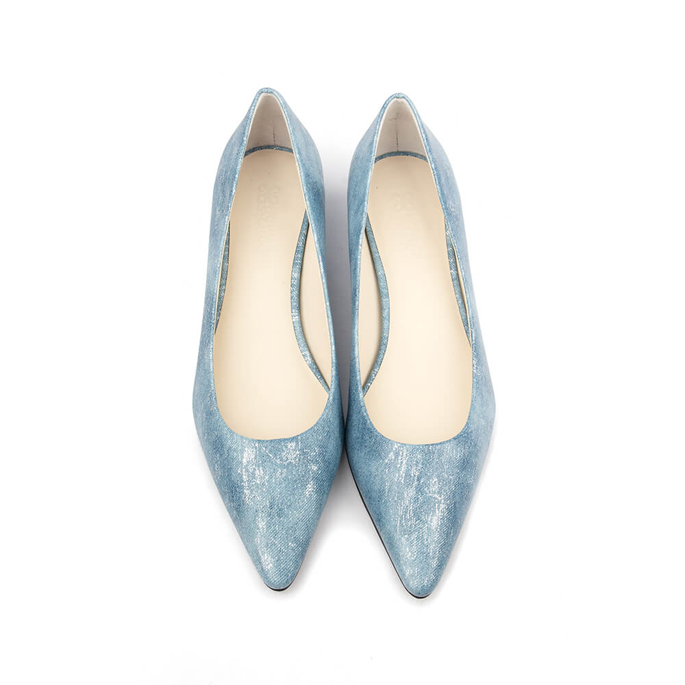 Metallic blue distressed foil kitten heel court shoes pointed toe women