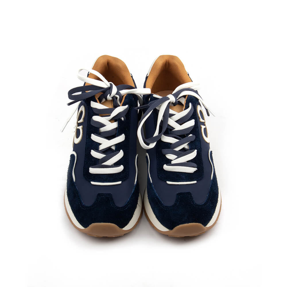 Howard Shawn HS logo runner sneakers navy blue white laces gum sole