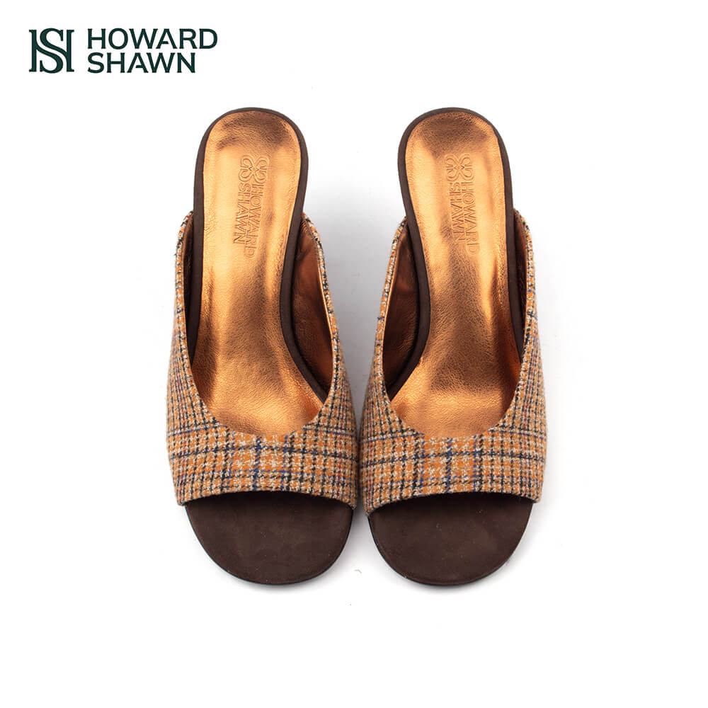 Caramel multi-tone plaid tweed mules with sculpted brown suede wedge