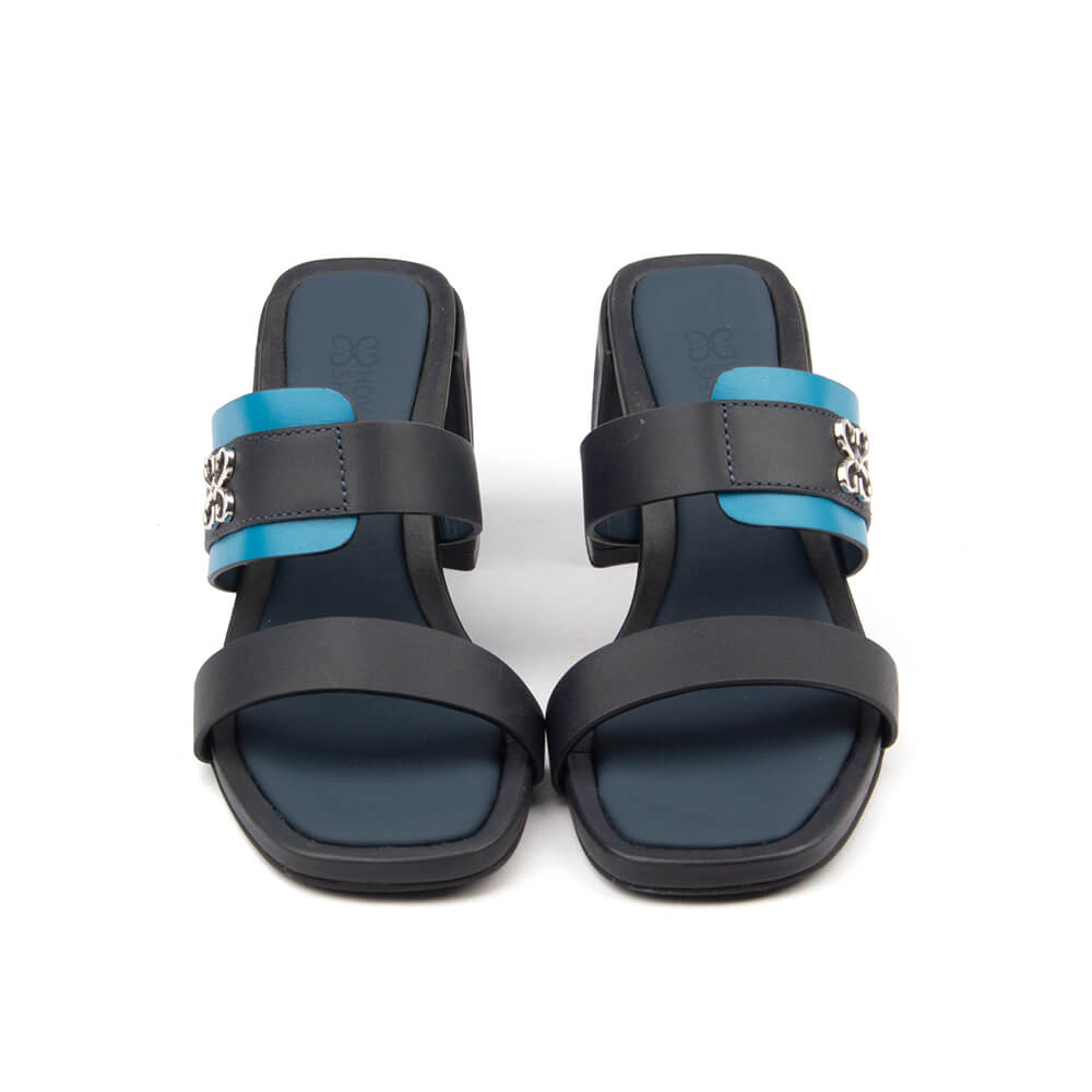 Women's Howard Shawn navy teal mules double strap gunmetal HS logo