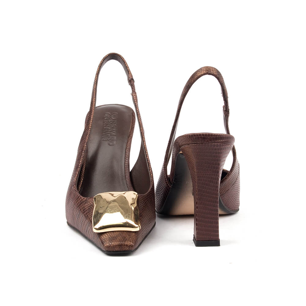 Women's lizard embossed block heel court pumps dark brown gold hardware