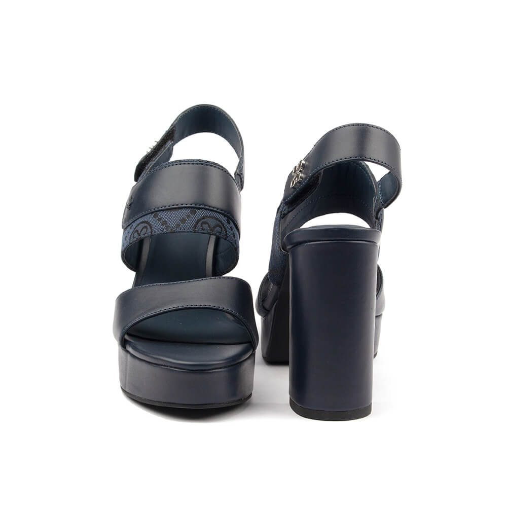 Navy double wide strap platform heel sandals velcro slingback women