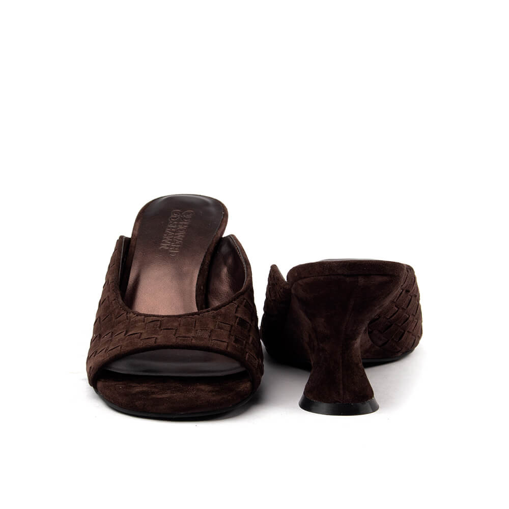 Women's artisan woven suede mules dark brown sculpted wedge heel