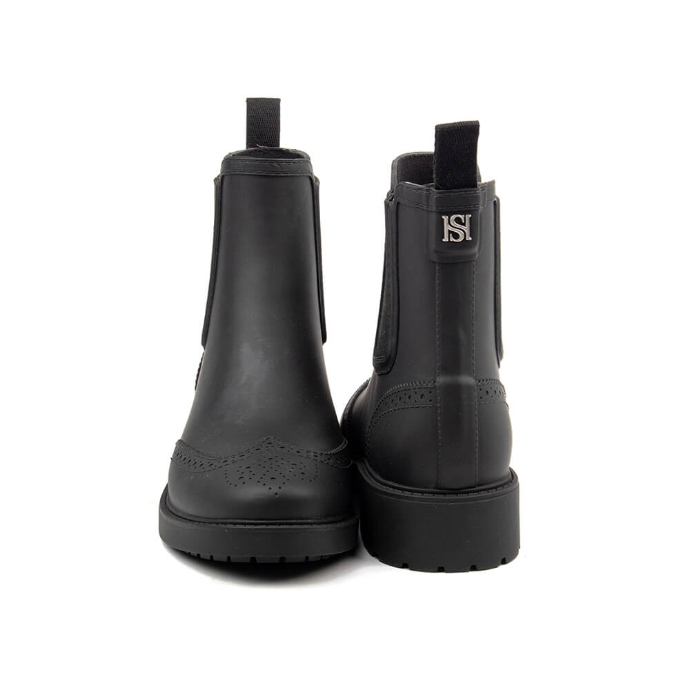 Black rubber ankle rain boots brogue wingtip lug sole matte women