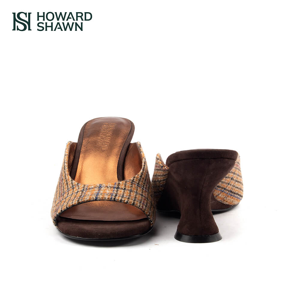 Women's autumn wedge mules amber plaid tweed brown suede sculpted