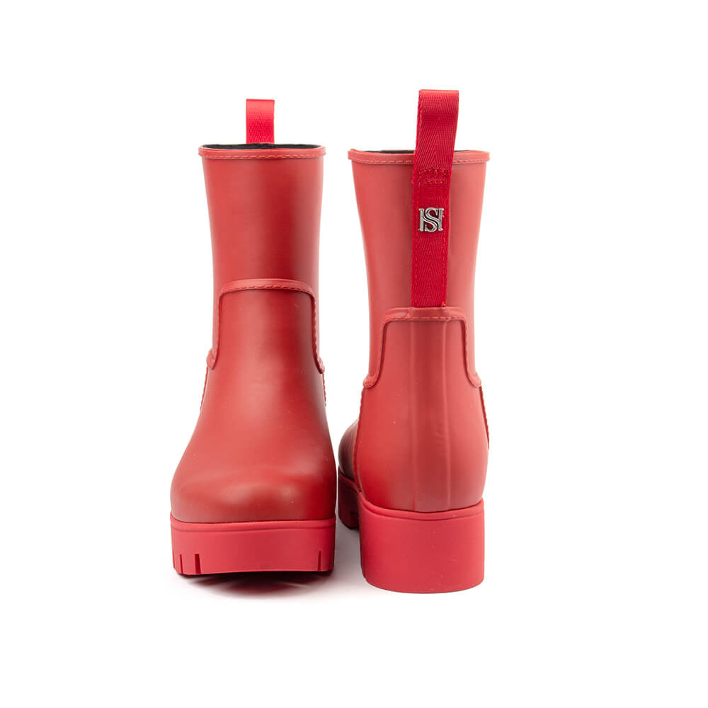 Women's bold red rubber rain boots matte lug platform waterproof