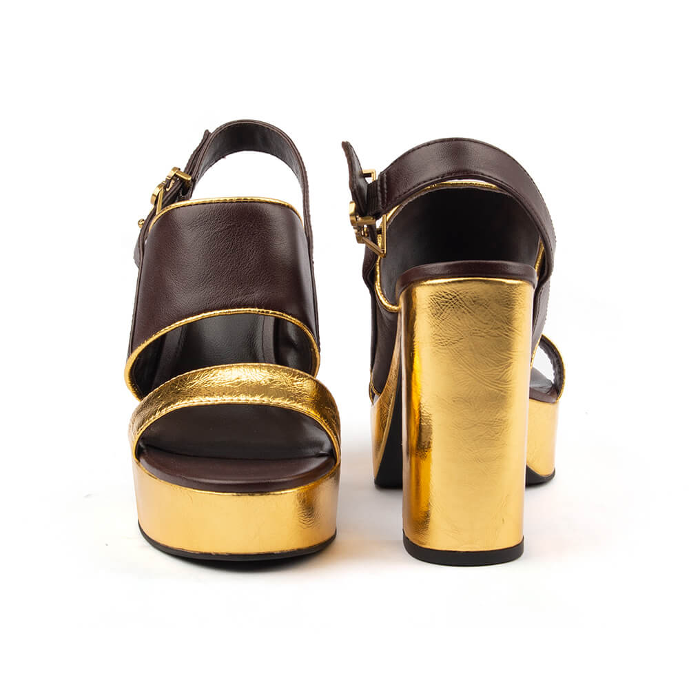 Women's Howard Shawn gold platform heels chocolate leather slingback